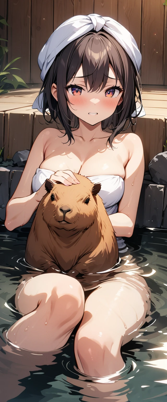 ((Masterpiece, top quality, high resolution)), ((highly detailed CG unified 8K wallpaper)), A capybara, Relaxing in a hot spring bath, towel on head and soaking in hot water,