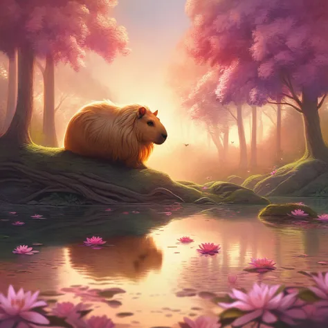 A capybaras, solo, waterside, a relaxed expression, fluffy fur, a rich natural environment, sunsets and soft light, flowers and ...