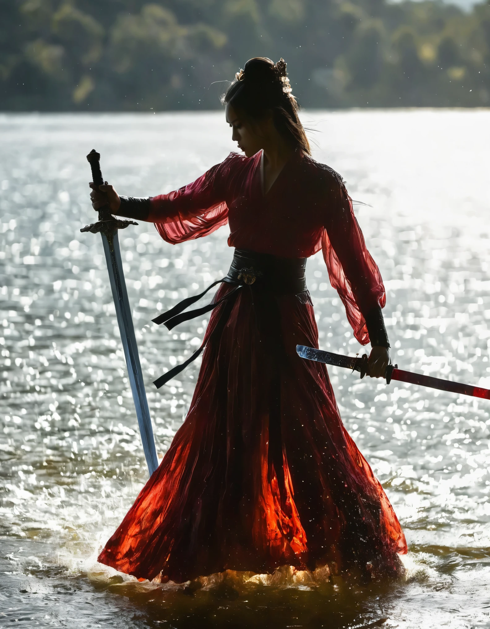 (Silhouette d&#39;épée dansante d&#39;héroïne:1.5),Anatomiquement correct，épée rougeoyante,(posture en mouvement),Tenez la poignée d&#39;une épée dans votre main，1épée，seulement，sur le lac，Contraste élevé, éclairage de cinéma, Ambiance énigmatique,， ondulation，(les éclaboussures d&#39;eau;1.4)，une lune，flou de mouvement，Épéiste，Kung-fu，Silhouette noire，épée rougeoyante blade made of ruby，