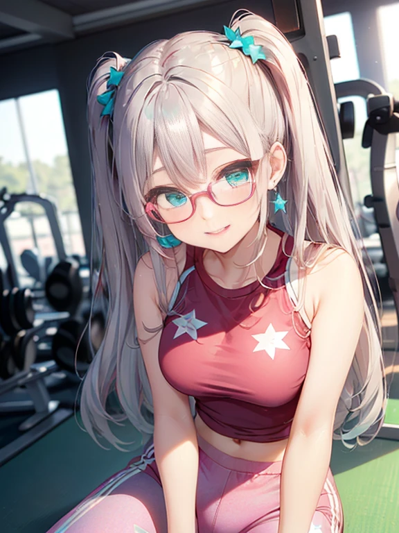 小さなgirl、The arrival of spring、Thick thighs、 (alone:1.5,)Very detailed,Bright colors, Very beautiful detailed anime faces and eyes, Look straight ahead, ;d, Shiny_skin,girl, ((Silver long hair,The inner color is red 、Forehead is exposed.、Green Eyes、Glasses、Shiny hair, Delicate beautiful face, blush、(Turquoise Eyes), White skin, Valletta, Earrings,、blue flower field、(((Star pattern pink、Pants in gym clothes)))、Twin tails、smile、smile、Face dyed red