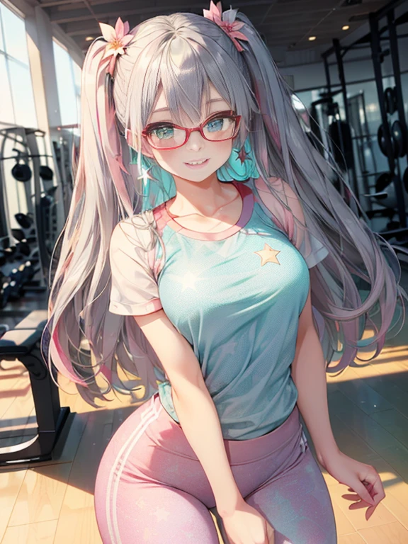 小さなgirl、The arrival of spring、Thick thighs、 (alone:1.5,)Very detailed,Bright colors, Very beautiful detailed anime faces and eyes, Look straight ahead, ;d, Shiny_skin,girl, ((Silver long hair,The inner color is red 、Forehead is exposed.、Green Eyes、Glasses、Shiny hair, Delicate beautiful face, blush、(Turquoise Eyes), White skin, Valletta, Earrings,、blue flower field、(((Star pattern pink、Pants in gym clothes)))、Twin tails、smile、smile、Face dyed red