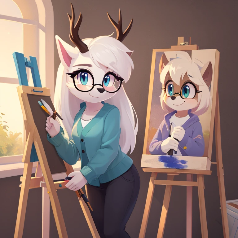 wendigo mobian, white hair, long hair, glasses, brown stag horns, aqua eyes, 4k, blue cardigan, white ears, easel, paintbrush