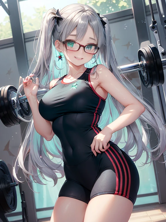 小さなgirl、The arrival of spring、Thick thighs、 (alone:1.5,)Very detailed,Bright colors, Very beautiful detailed anime faces and eyes, Look straight ahead, ;d, Shiny_skin,girl, ((Silver long hair,The inner color is red 、Forehead is exposed.、Green Eyes、Glasses、Shiny hair, Delicate beautiful face, blush、(Turquoise Eyes), White skin, Valletta, Earrings,、blue flower field、(((Star pattern black、High-end gym clothes)))、Twin tails、smile、smile、Face dyed red