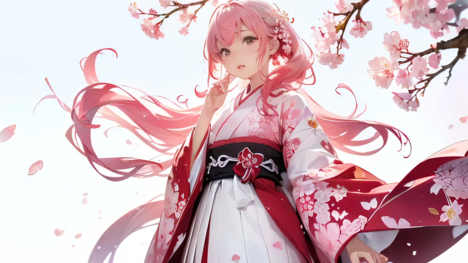 (((Kirschblüten-Hintergrund、Weiße Welt)))、Einheit 8k Hintergrundbild、ultra-detailliert、schön und ästhetisch、Meisterwerk、höchste Qualität、(Gewirrの、Mandala、Gewirr、Gewirr)、(Fraktale Kunst:1.3)、ein Mädchen、Wunderschönes langes rosa Haar、japanisch、Großes Rosa、roter Kimono、Japanische Kleider、Sehr detailiert、dynamischer Winkel、Cowboy-Schuss、Die schönste Form ist das Chaos、elegant、Brutalismus-Design、leuchtende Farben、Romantik、Atmosphäre、Ecstasy-Note、Streaming-Notizen sind sichtbar、(((weißer Hintergrund、rein weißer Hintergrund、roter Kreis))),Spazierengehen und die Kirschblüten bewundern。