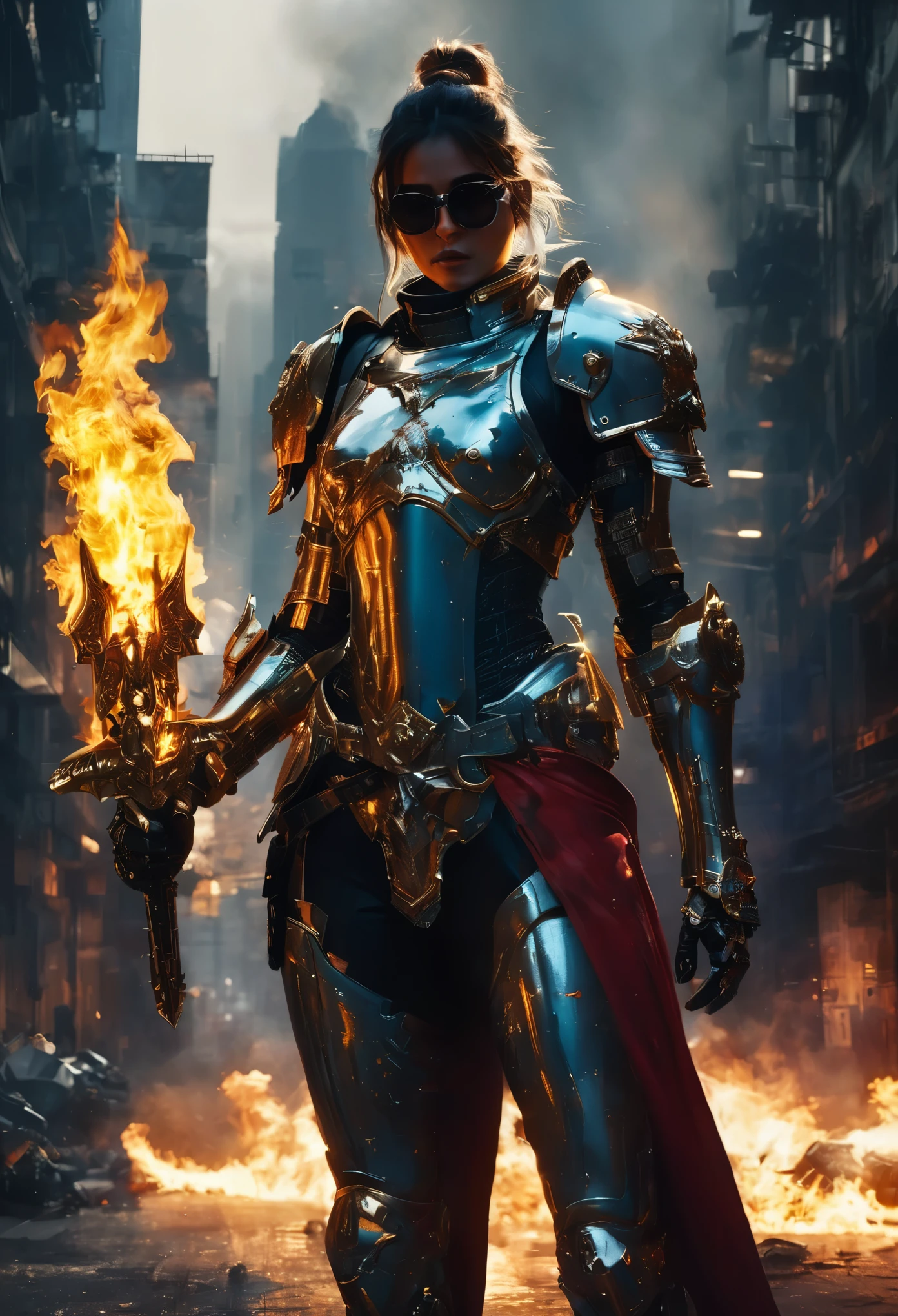 Warhammer 40K universe，Knight female swordman，Mechanical suit of blue and gold armor，sparkly red color sunglasses，Intense war-like environment，holding a flaming sword，Destroyed buildings and flames，The background is a futuristic cityscape，severe and threatening atmosphere，Sci-fi cyberpunk aesthetics，High contrast and desaturated tones，Dramatic and dynamic lighting effec quality,4k,(highres,masterpiece:1.2),ultra-detailed,(realistic,photorealistic,photo-realistic:1.37)