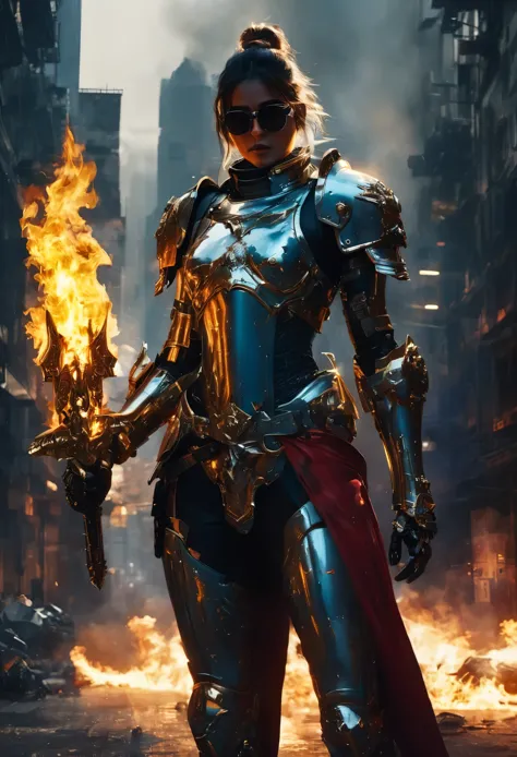 Warhammer 40K universe，Knight female swordman，Mechanical suit of blue and gold armor，sparkly red color sunglasses，Intense war-li...