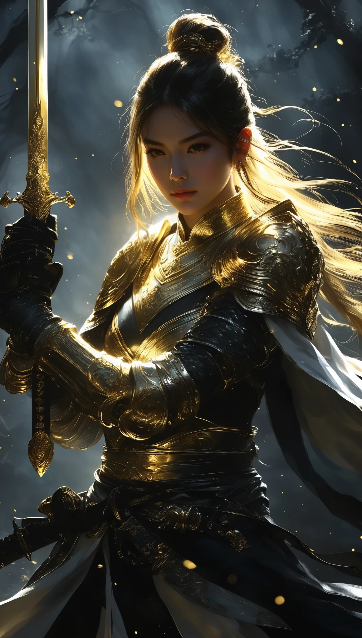 Gold Wire Wrapping Crafts， 1 girl,  whole body, Start-up.Female swordsman， Hold the hilt of the sword，Under the spotlight of the dark secret realm，Black fog all around