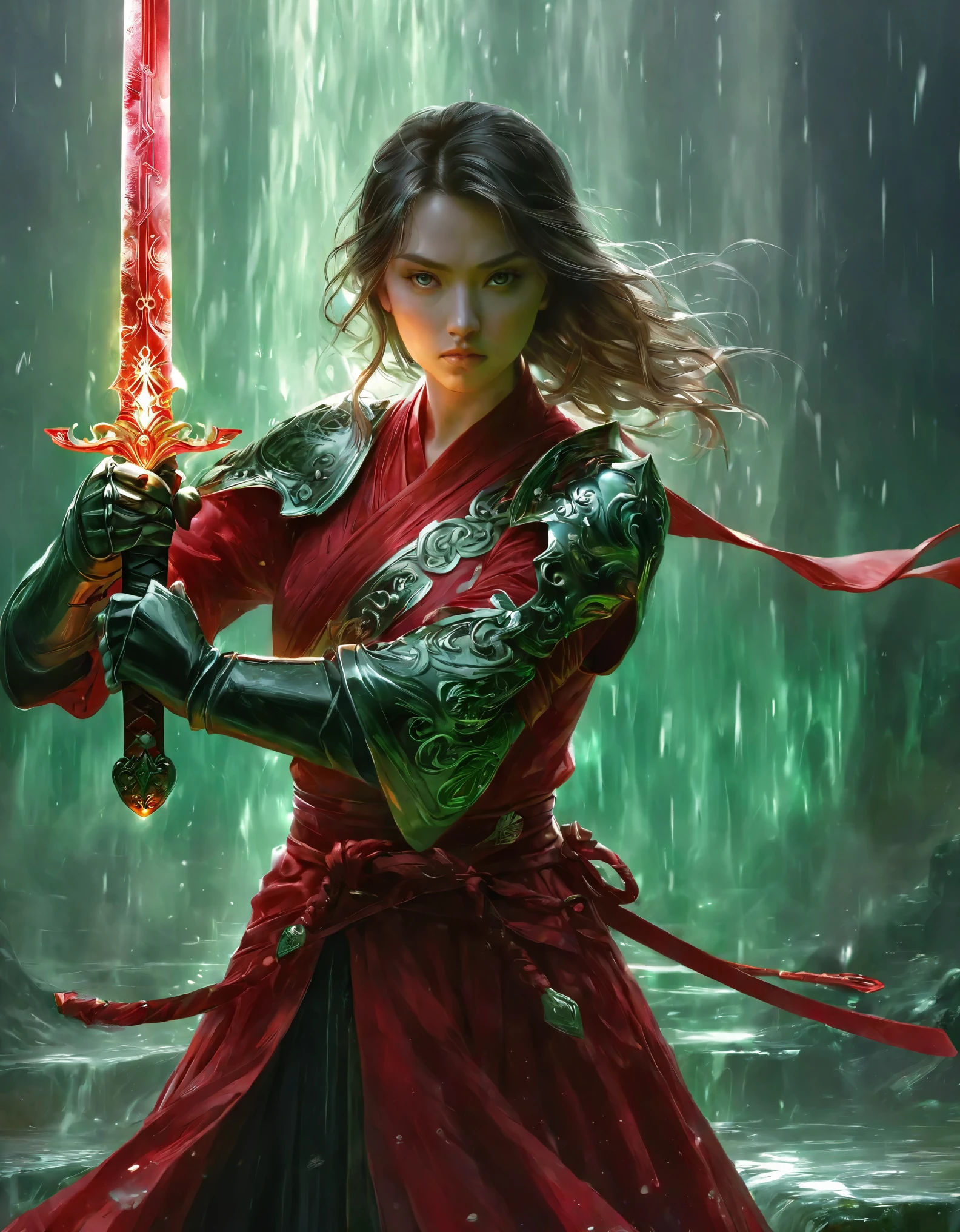 1beautiful girl,  Axisymmetric compositiotomically correct，solo，female swordman，Hold the hilt of a sword in your hand，Each hand holds a sword handle，ruby sword，jade sowrd,  blade glows，front view, close-up， ((Best quality)), ((Masterpiece)), ((Realistic))，UHD，
