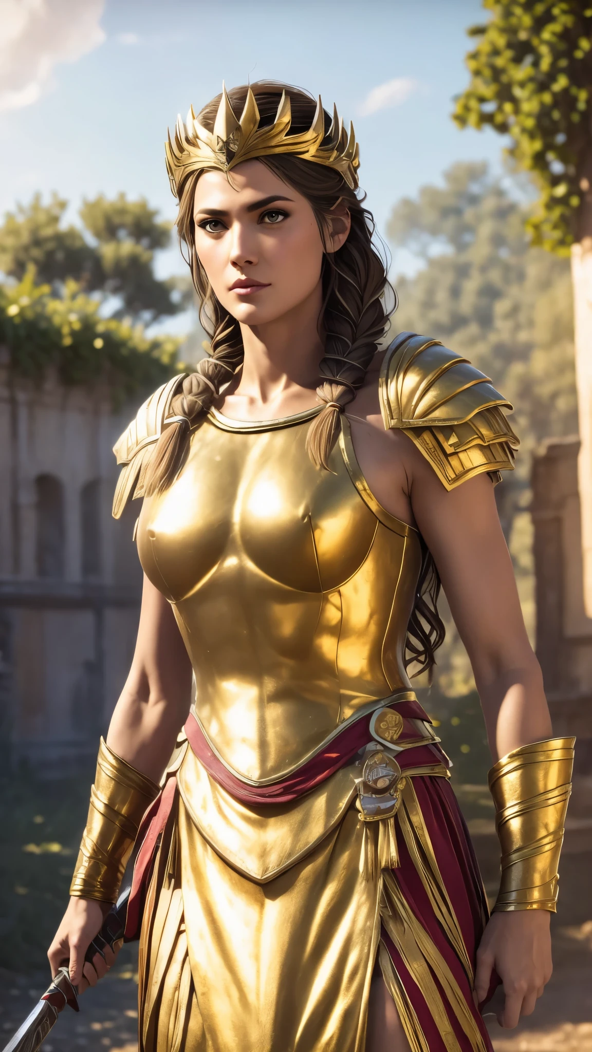 Kassandra, masterpiece,8k,ultra-detailed,best quality,battlefield,(background:the warriors are fighting,red warriors,green warriors,jumping,hack,slash),(middle ground:queens are fighting,blonde hair queen,brunette hair queen,Park Bo-young,Fighting Pose),The lighting is dark and gloomy,exquisite golden armor,exquisite golden crown,exquisitely carved silver sword,exquisitely eagle helmet.