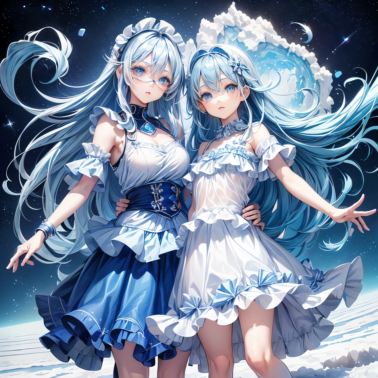 absurd, high resolution, (official art, Beautiful and beautiful:1.2), (myopia:1.15), (1 Girl, Blue Hair, Medium Length Hair, blue eyes, Bright Eyes, White long skirt, blue ruffle,:1.2) Blue sky, Glittering galaxies, (Uyuni Salt Flats:1.2), (Fractal Art:0.8), Water Effects, Ripple effect, (Flower Effect: 0.65), Lighting effects,