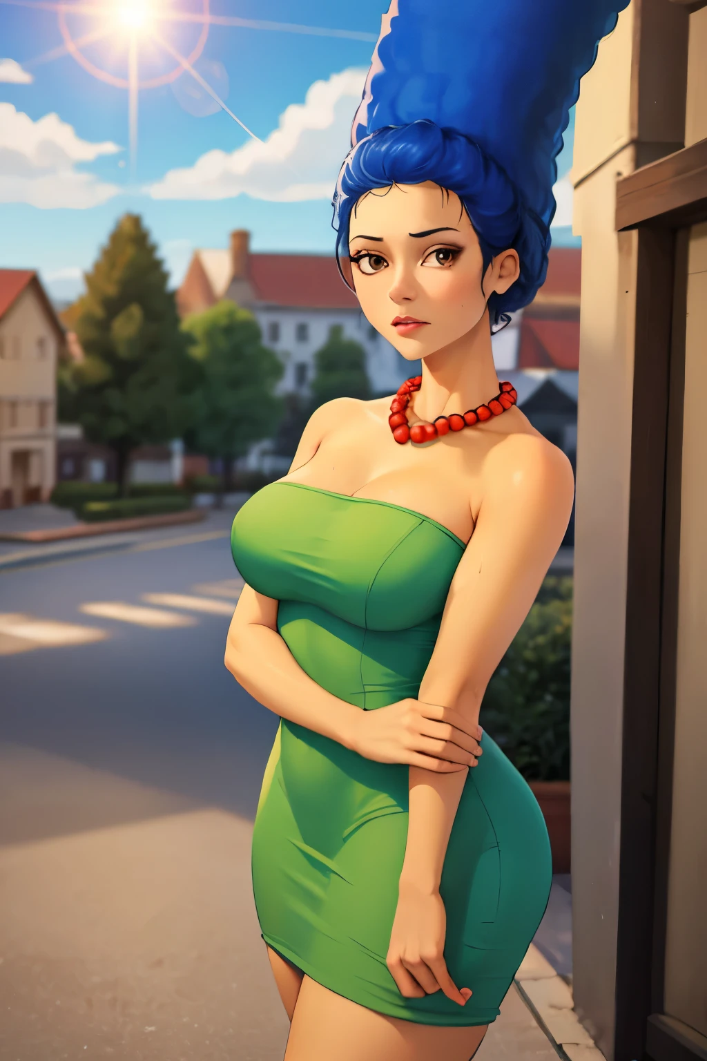 masterpiece, best quality, outdoors, lens flare, depth of field, 1girl, solo, looking at viewer, breasts, margesimpson, yellow skin, Brown eyes,  afro, big hair, necklace, pearl necklace, strapless dress, green dress, cowboy shot, sweat