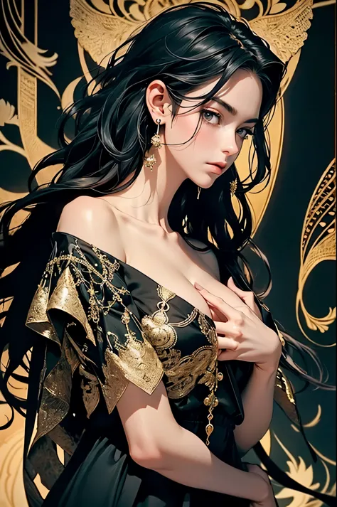 ((best quality)), ((masterpiece)), (detailed), detailed skin, Golden Eyes, Long black hair with thick waves, black silk dress, f...