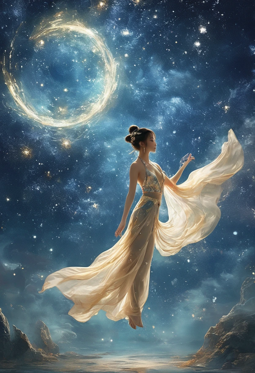 Silhouette of a Chinese fairy with open arms，Bend one leg，Single Leg Raise，Starlight reflected on the sea，Wearing semi-sheer dancer pants and silk top，ayala satin，Background is the starry night sky，It has a yin-yang symbol on it，Composed of cold-toned nebulae and dark cosmic fields， Loose style, Intricate details, Light, Octane Rendering, Anatomically correct，((best quality)), ((masterpiece)), ((Practical))，ultra HD,8k render, Volumetric ，