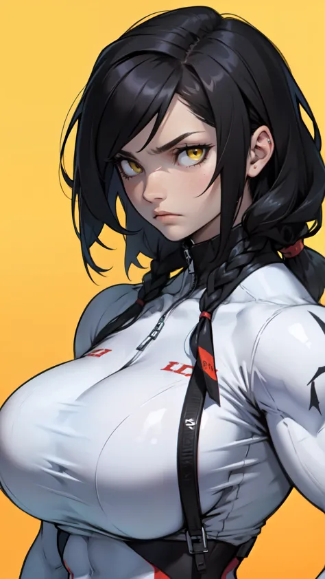 pale girl muscular girl huge breasts black hair yellow eyes expressionless sad