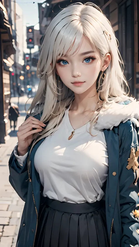 (masterpiece:1.2, best quality), (real picture, intricate details), 1lady, solo, upper body, casual, long hair, minimal makeup, natural fabrics, close-up face, smile, home, long light platinum blonde hair, bangs, wavy hair, voluminous hair, green eyes, big...