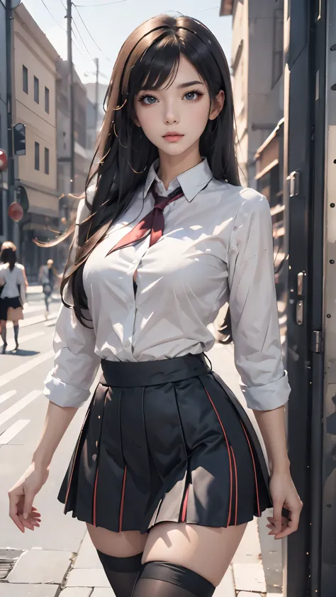 Arad woman posing for photo in short skirt and white shirt, Surrealism female students, Surrealism female students, Realistic , photorealistic anime girl rendering, thighhighs and skirt, 3 d anime realistic, small curvaceous , wearing skirt and high socks,...