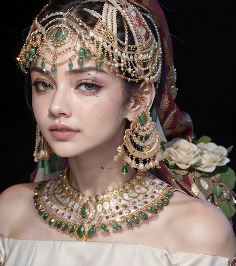 a close up of a woman wearing a white dress and a necklace, wearing elegant jewellery, jewellery, traditional beauty, wearing jewellery, adorned with precious stones, very beautiful enga style, wearing elaborate green and gold, heavy gold jewellery, green jewelry, photo of a hand jewellery model, intricate set, big crown adorned with emerald, golden jewellery, forehead jewelry, ornate and intricate jewelry