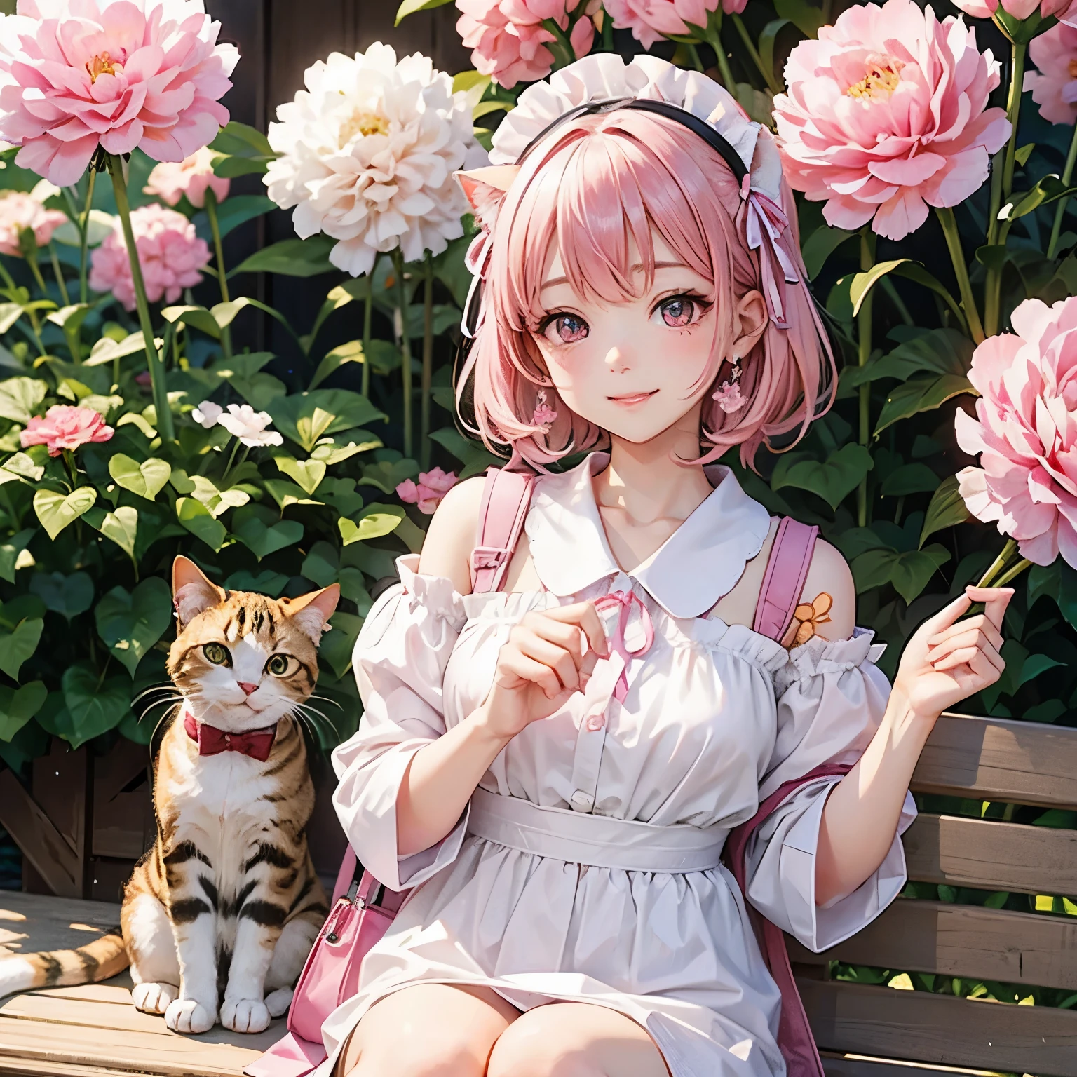 Katzenohr、Katze mit rosa Schleife、pinkes Haar、rosa Augen、weiße Kleidung、lächeln、Reisetasche、Nelke、Hintergrund Karpfen Luftschlangen