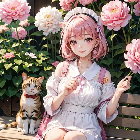 Cat ear、Cat with pink ribbon、Pink Hair、Pink eyes、White clothing、smile、Travel Bag、carnation、Background carp streamers