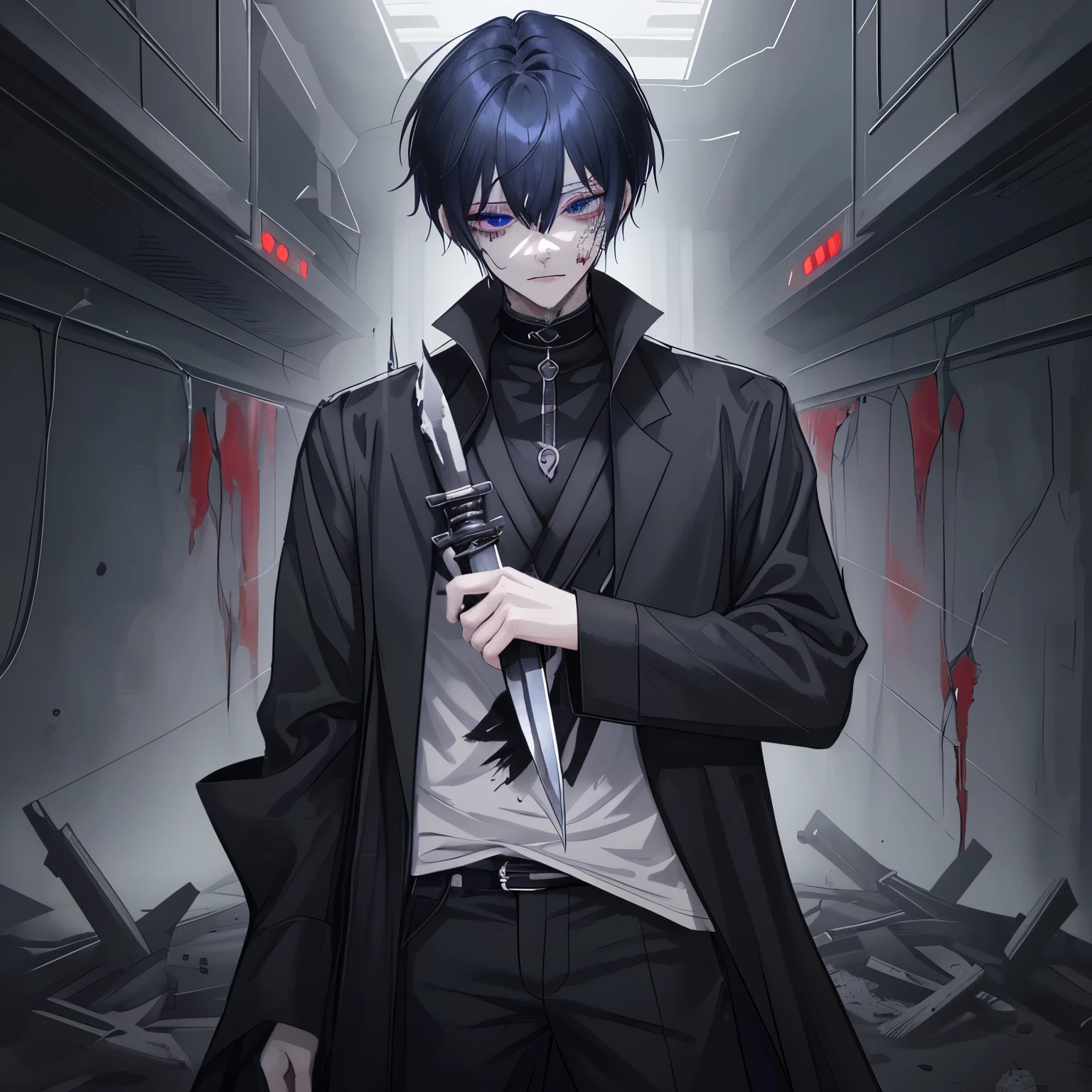 Look like 19yr man dark blue hair color Pure black Eye color beautiful eye but soulless eye Short Hair look like a anime girl but he is a boy Holding a knife with blood on it and look like want to attack in the dark and foreshadowing face Silent face and look dead inside but kindly Crying tear smile while hug his elder 兄弟 who is crying and Accept his fate death in the death while saying his last word: 兄弟... 我是... 對不起..., 在褪色成塵之前, 他的頭髮、臉和衣服上全是血 背景是在郊外太空中被摧毀的破碎太空船，就像一場最後的戰鬥, 黑色外套穿長褲主色為深藍色性別為男