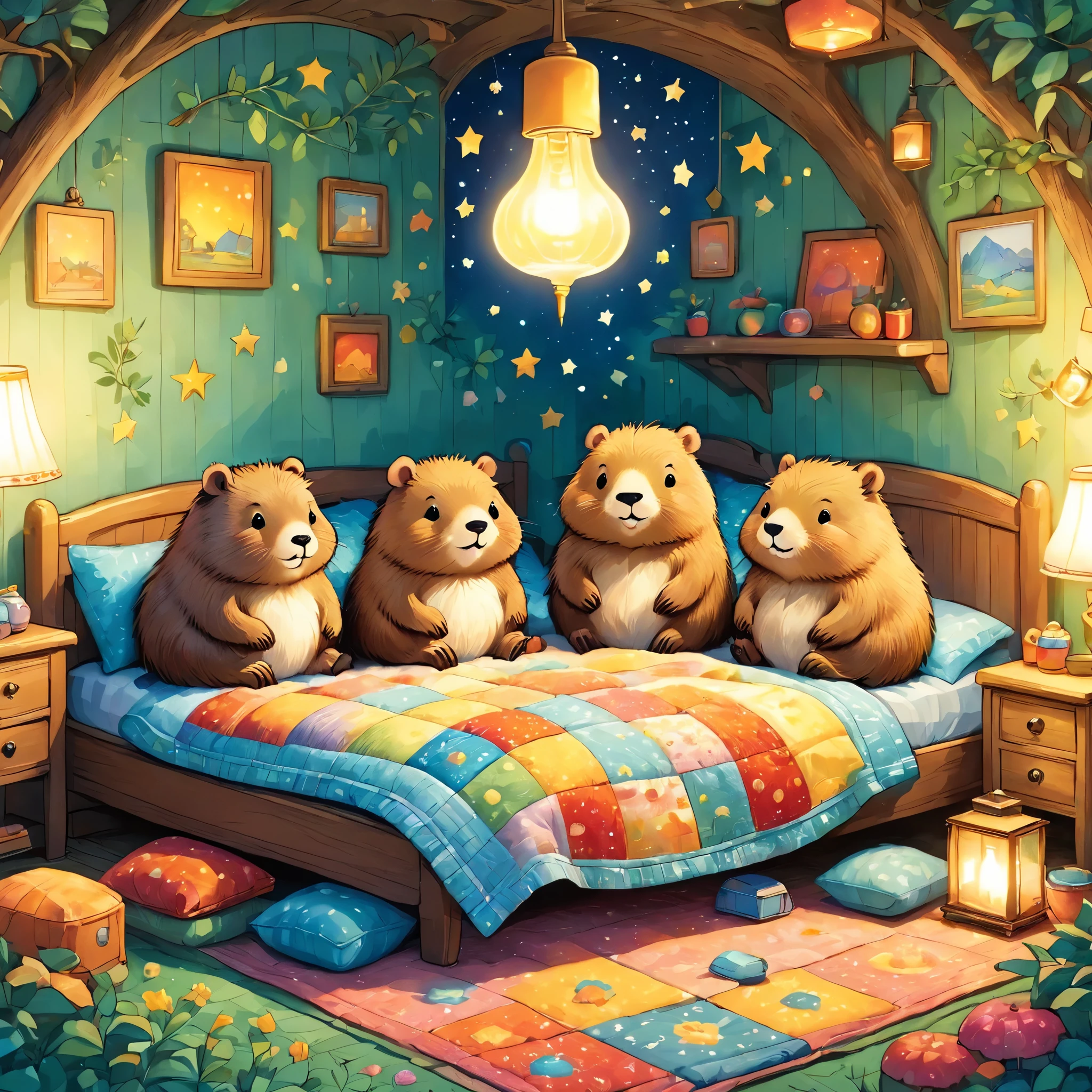 cuteAn illustrationカピバラの家,Capybara family:animal:hibernating:cute:Nestle:sleep:comfortable and warm:looks happy,An illustration,pop,colorfulに,draw with thick lines,color,dim,Lamp light,hibernatingのCapybara familyが眠っています:dream happy dreams,The house is warm and full of happiness,,colorful,Fancy,Fantasy,patchwork:quilt,detailed details,fluffy,Randolph Caldecott Style,豊富なcolor,Cast colorful spells,concentrated,The best configuration,Perfect composition,accent,子供が喜ぶAn illustration,For kids,feel warm,wonderful like a dream,Happy and fun looking capybaras,Little,Cast colorful spells,Sparkling,Anatomically correct,scarf,pajamas