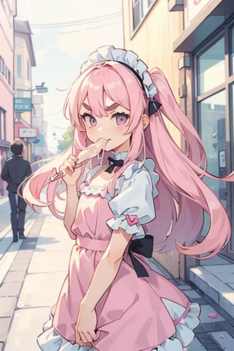 (one male standing aside a girl) and one girl with pink hair, long double-tailed hairstyle, ((small pink bushy eyebrows)), dress...