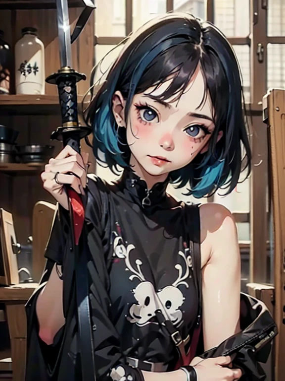 ((18-year-old punk girl,Unusual punk hair:1.3)),((Blue and white British punk fashion:1.5)),(Light black and blue hair:1.5、Long Bangs:1.5、short hair)Studded clothing、((Holding a sword in his right hand:1.5))、((Small backpack on the back))、（Narrow and small eyes）,Wacky makeup、Breast augmentation, (masterpiece), (High resolution), (Very delicate), nightmare, doll-like face, Manga style, Horror elements, Manga styleイラスト, Japanese painting, phantom, (Spooky), Japan sculpture, crazy illustration, antique, Dark atmosphere, Flat Illustration,Spookyな外観, Unique atmosphere
