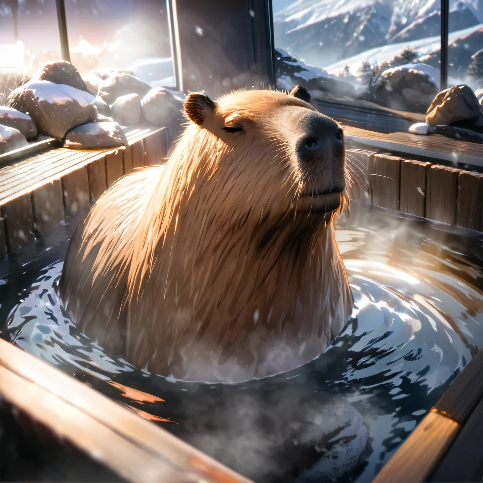 (best quality,8k,highres, masterpiece:1.2), ultra-detailed, HDR, UHD, studio lighting, ultra-fine painting, sharp focus, physically-based rendering, extreme detail description, professional, vivid colors, bokeh, portraits, concept artists, warm color palette, dramatic lighting,no humans,Japan open-air bath,one capybara is bathed in abundant boiling water in an open-air bath surrounded by rocks, steam, snow is piled up around it, capybara with closed eyes, detailed snowscape, steam is on top of the open-air bath,