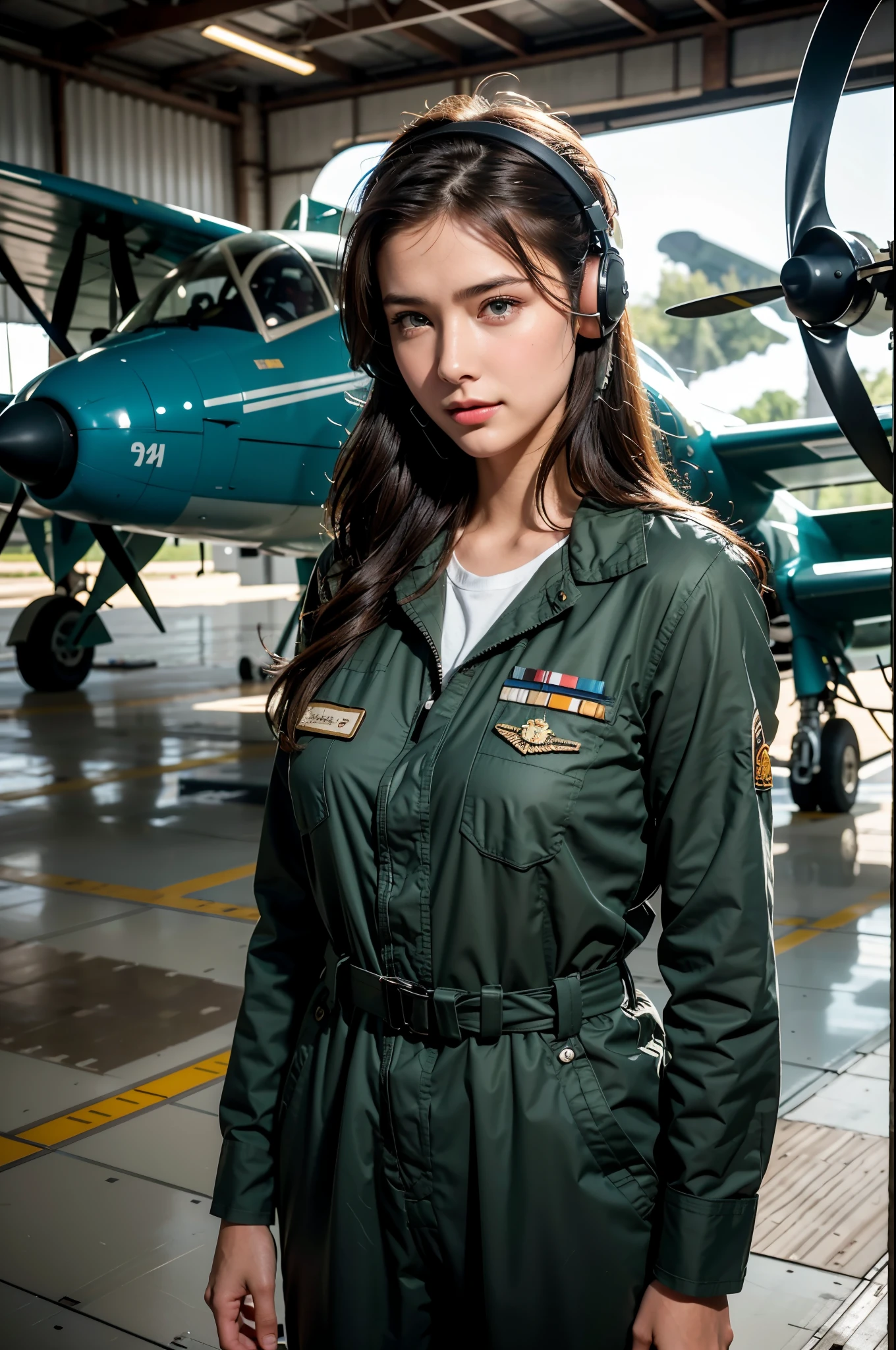 Best quality, ((professional photograph, RAW photo)), Insanely realistic, an extremely delicate and beautiful, ultra high res, realistic lighting and shading, (Realistic image of a extremely pretty female Aircraft mechanic, solo), Inside a spacious Aircraft hangar, Monoplane fighters of the World War II era line the background, Aircraft parts scattered on the floor, Tools for maintenance, She does aircraft maintenance, (wearing Military camouflage patterned Long-sleeved mechanic's coverall), (wearing mechanic's heavy-duty glove), (Wearing a headset), her hair is tied back later, very professional mechanic, inscrutable smile, (extremely beautiful depiction of the eyes and face), (insanely beautiful natural skin texture), Accurate eyes, Accurate hands, Well-balanced overall body