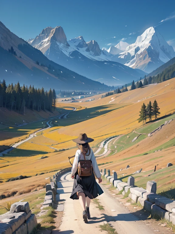 (best quality, masterpieces:1.2), extremely detailed background, a girl walking along a path leading to majestic mountains, figures stretching under the sunlight from the mountaintop, beautiful scenery adorned with earth-toned colors, a hopeful and inspiring landscape that evokes gentle emotions.