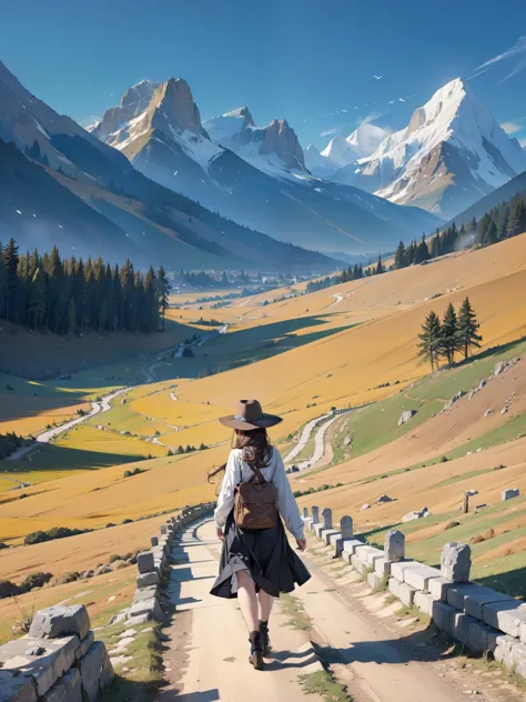 (best quality, masterpieces:1.2), extremely detailed background, a girl walking along a path leading to majestic mountains, figu...