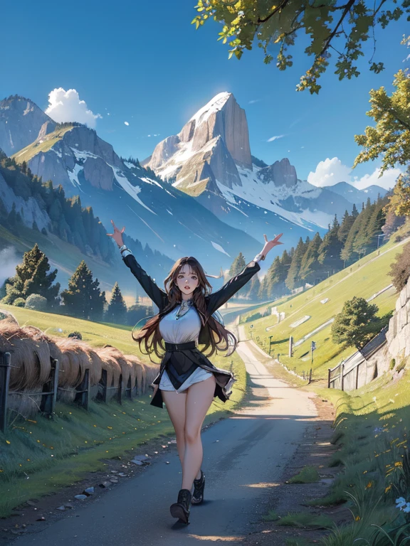 (best quality, masterpieces:1.2), extremely detailed background, a girl walking along a path leading to majestic mountains, figures stretching under the sunlight from the mountaintop, beautiful scenery adorned with earth-toned colors, a hopeful and inspiring landscape that evokes gentle emotions.