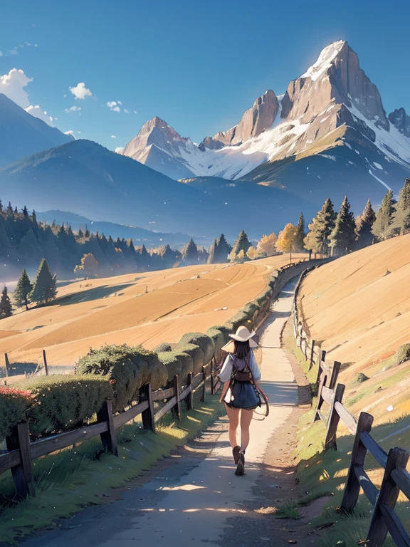 (best quality, masterpieces:1.2), extremely detailed background, a girl walking along a path leading to majestic mountains, figures stretching under the sunlight from the mountaintop, beautiful scenery adorned with earth-toned colors, a hopeful and inspiring landscape that evokes gentle emotions.