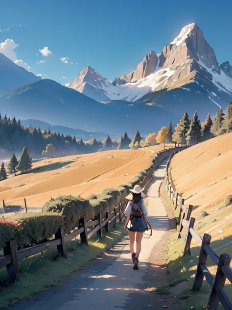 (best quality, masterpieces:1.2), extremely detailed background, a girl walking along a path leading to majestic mountains, figu...