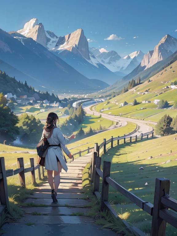 (best quality, masterpieces:1.2), extremely detailed background, a girl walking along a path leading to majestic mountains, figures stretching under the sunlight from the mountaintop, beautiful scenery adorned with earth-toned colors, a hopeful and inspiring landscape that evokes gentle emotions.