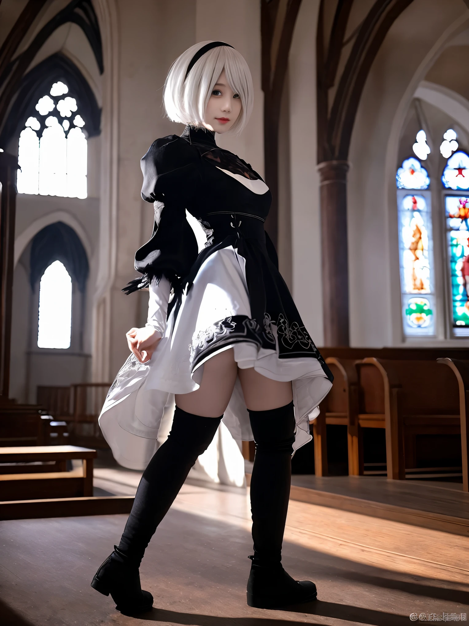 니어:Beautiful cosplay of 2b from Automata、A woman cosplaying as 2b、하얀 피부、키가 큰、2、영국인、니어:2b&#39;오토마타의 검은 의상、밝은 배경、공상な教会を背景に、Standing 키가 큰 in the middle of the church、대각선 각도에서 촬영、걸작、최상의 품질、높은 해상도、공상、섬광、애니메이션 코스프레 메이크업、실제 코스프레 사진、멋진 사진、전신 초상화、잘생긴 포즈、아침 햇살의 창백한 빛에 둘러싸여、좋다、행복、친절、부드럽게 렌더링됨