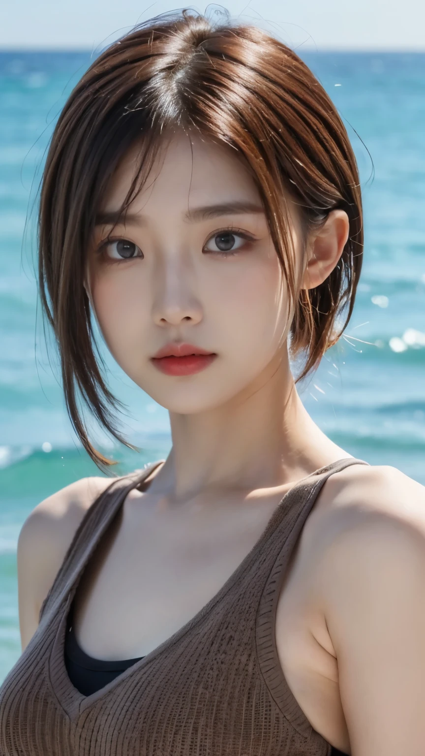 High resolution, masterpiece, highest quality, Ultra High Definition 8K Wallpapers, Very clear, Majestic panoramic view:1.3, (Beautiful face in every detail):1.2, pout, short hair:1.2, (multicolorred)hair, (red)hair, (Brown) Knitted tank top, 1 Girl, one person, Ocean, Barcelona, Ocean岸線沿い