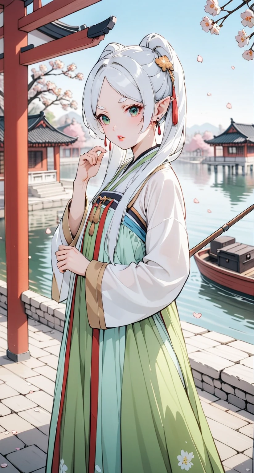 1girl,(frieren),mature female,elf,solo,bangs,green_eyes,white hair,long hair,twintails,thick lips,parted bangs,pointy ears,blue_flower,beautiful detailed_background,small breasts,butterfly,(green gorgeous hanfu, han style outfits),gold trim,short shan, shan skirt, pifeng coat,earrings,mask,chain,face chain,((veil)),explicit,flower,general,hair_ornament,hanfu,holding_peach blossom,((peach blossom)),jewelry,long_hair,looking_at_viewer,questionable,sensitive,solo,tassel,tassel_earrings,upper_body,(spring),Chinese style architecture, Chinese style, lake, ancient town, beautiful and meticulous water, (Fishing boat), pavilion,steam,Surrounding by falling peach blossoms petals, han style