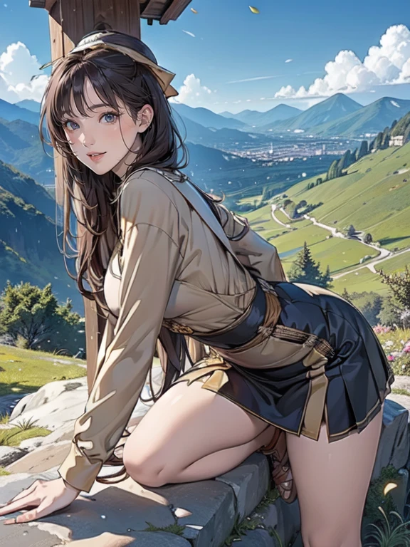 highest quality, masterpiece, Highly detailed background, Majestic Mountain々Back view of a girl walking up a slope leading to, ((Climber style outfit)), A human figure stretching out in the sunlight shining from the mountaintop, Beautiful scenery decorated with earth colors, A hopeful scene, Expressions that make the viewer feel kind, Focus on the landscape and make the portraits smaller..