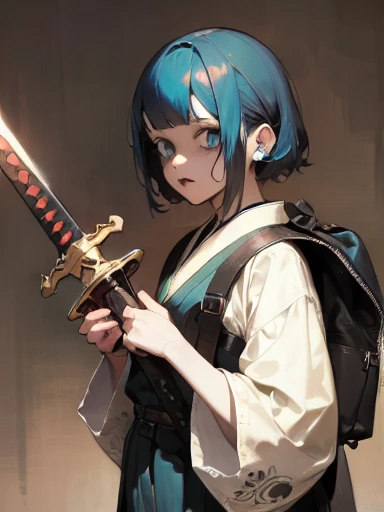 ((18-year-old punk girl,Unusual punk hair:1.3)),((Blue and white British punk fashion:1.5)),(Light black and blue hair:1.5、Long Bangs:1.5、short hair)Studded clothing、((Holding a sword in his right hand:1.5))、((Small backpack on the back))、（Narrow and small eyes）,Wacky makeup、Breast augmentation, (masterpiece), (High resolution), (Very delicate), nightmare, doll-like face, Manga style, Horror elements, Manga styleイラスト, Japanese painting, phantom, (Spooky), Japan sculpture, crazy illustration, antique, Dark atmosphere, Flat Illustration,Spookyな外観, Unique atmosphere
