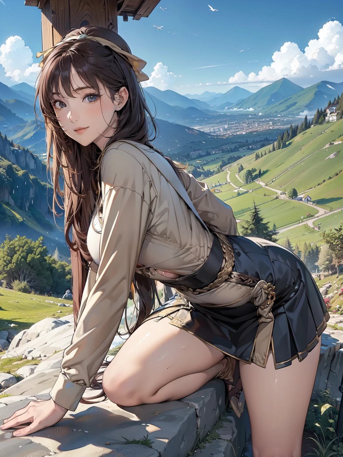 highest quality, masterpiece, Highly detailed background, Majestic Mountain々Back view of a girl walking up a slope leading to, ((Climber style outfit)), A human figure stretching out in the sunlight shining from the mountaintop, Beautiful scenery decorated with earth colors, A hopeful scene, Expressions that make the viewer feel kind, Focus on the landscape and make the portraits smaller..