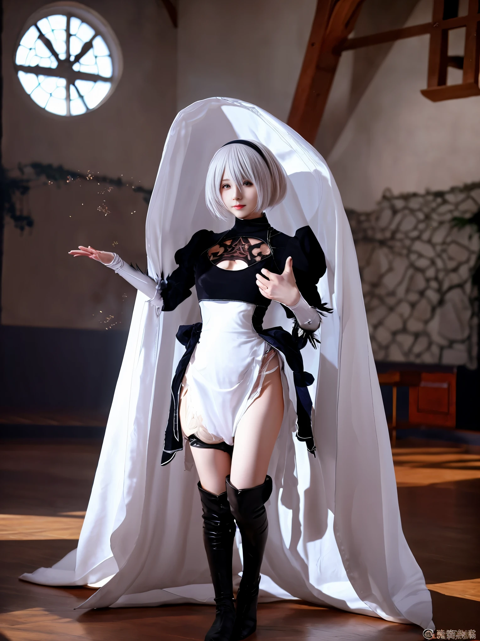 nier:Beautiful cosplay of 2b from Automata、A woman cosplaying as 2b、White skin、tall、21 years old、Englishman、nier:2b&#39;s black costume from Automata、Light background、Fantasy church background、Standing tall in the middle of the church、Shooting from a diagonal angle、masterpiece、highest quality、high resolution、Fantasy、Glare、Anime Cosplay Makeup、Real Cosplay Photo、Cool photos、Full body portrait、handsome pose、Wrapped in a pale white glow、like、happiness、Kindness、Smoothly rendered