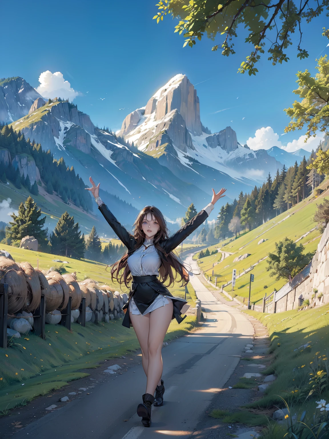 (best quality, masterpieces:1.2), extremely detailed background, a girl walking along a path leading to majestic mountains, figures stretching under the sunlight from the mountaintop, beautiful scenery adorned with earth-toned colors, a hopeful and inspiring landscape that evokes gentle emotions.