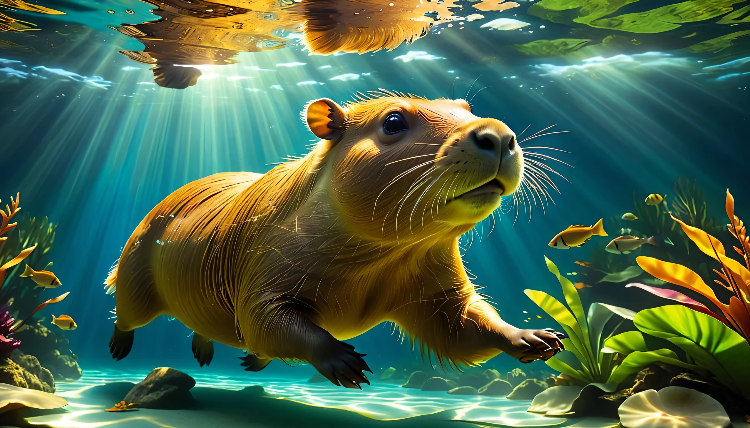 A Capybara, Underwater Serenity, Gliding effortlessly through the water, its fur shimmering in the sunlight filtering through the surface, A calm and serene expression, at peace with the underwater world, A deep, clear pool in a tropical rainforest, surrounded by exotic fish and plants, Sunbeams piercing through the water, creating a mesmerizing interplay of light and shadow, Peaceful, serene, and dreamlike, Underwater shot with a wide-angle lens to capture the vastness of the underwater world and the tranquil interaction 
