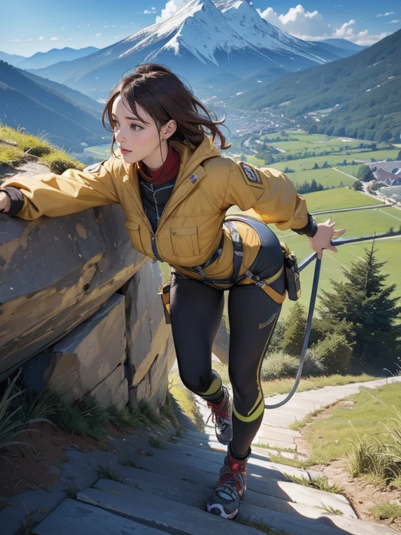 highest quality, masterpiece, Highly detailed background, Majestic Mountain々Back view of a girl walking up a slope leading to, ((Climber style outfit)), A human figure stretching out in the sunlight shining from the mountaintop, Beautiful scenery decorated with earth colors, A hopeful scene, Expressions that make the viewer feel kind, Focus on the landscape and make the portraits smaller..