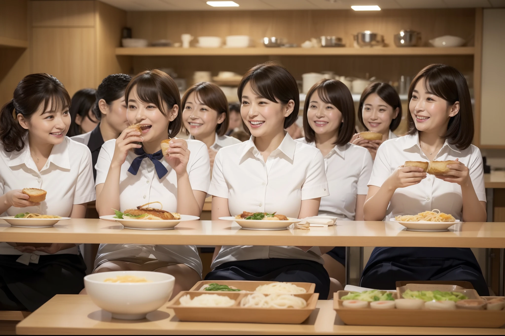 ((highest quality, 8k, Representative works in detail, Ultra-high resolution)), (Group photo of women), (Looking at the audience), (Mid Shot:), Five attractive businesswomen、women only: 5, A little chubby:0.25, White collared shirt, Grey Skirt, mini skirt、Inside a high-rise office,wide、Sitting and eating、company cafeteria、I&#39;m having lunch、Happy expression、Daily set meal、Ramen、Udon、Omelette rice、sandwich、curry、Pork cutlet on rice、向かい合わせにSitting and eating、