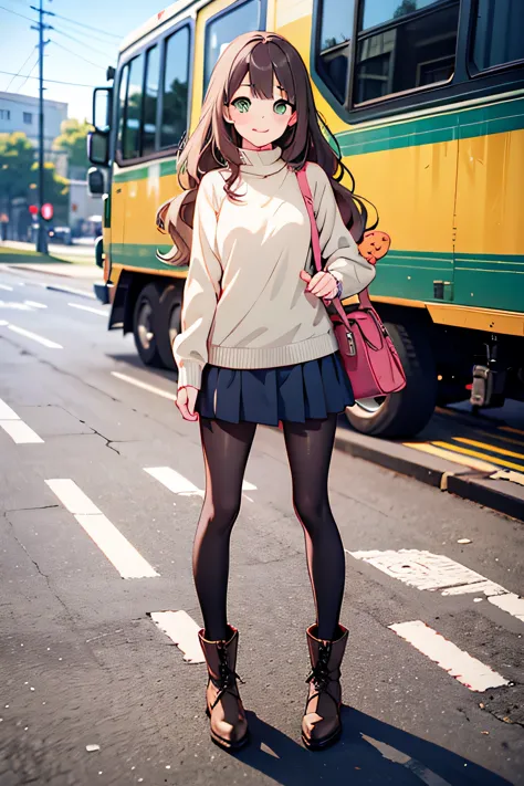 ((best quality)), ((masterpiece)), (detailed), perfect face, cute anime girl, long wavy brown hair, she is standing outdoor, she...