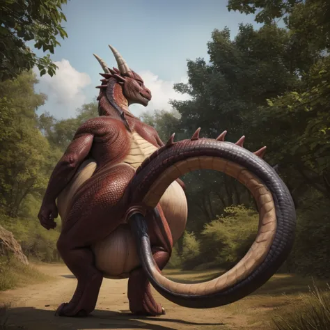 ((((photorealistic)))), solo, ((((feral dragon, tail looping anal, anal tail insertion, huge belly, rear view)))), hyper realist...