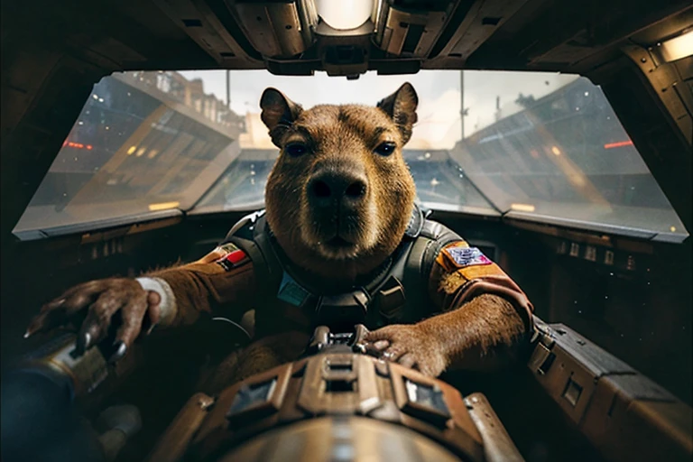 cockpit view, anthro (capybara:1.3) in rebel pilot suit, space battle, lasers, cartoon style anime