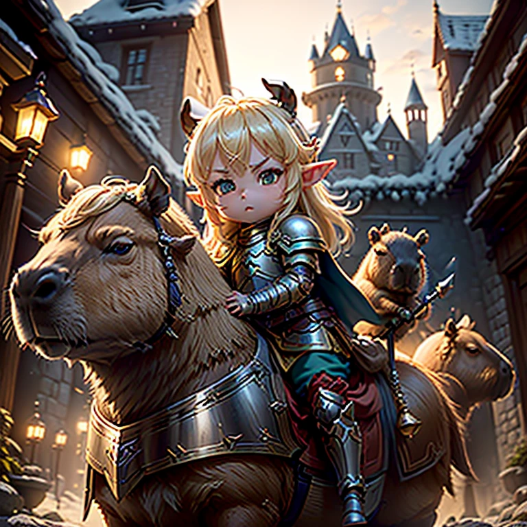 #quality(8k,wallpaper of extremely detailed CG unit, ​masterpiece,hight resolution,top-quality,top-quality real texture skin,hyper realisitic,increase the resolution,RAW photos,best qualtiy,highly detailed,the wallpaper,cinematic lighting,ray trace,golden ratio,), BREAK ,(the 1chibi elf knight is riding on 1capybara as cavalryman and attacking enemies),#1chibi elf(chibi,cute,kawaii,elf,blonde hair,hair floating,knight,white armor,holding spear),#1capybara(armored,cute,kawaii,furry),#background(outside,can see the castle far,at battlefield),fullbody